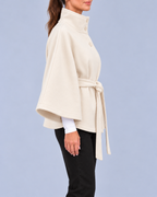 Women's Belted Cape Coat with Stand Collar and Button Fastening – Cream – 2