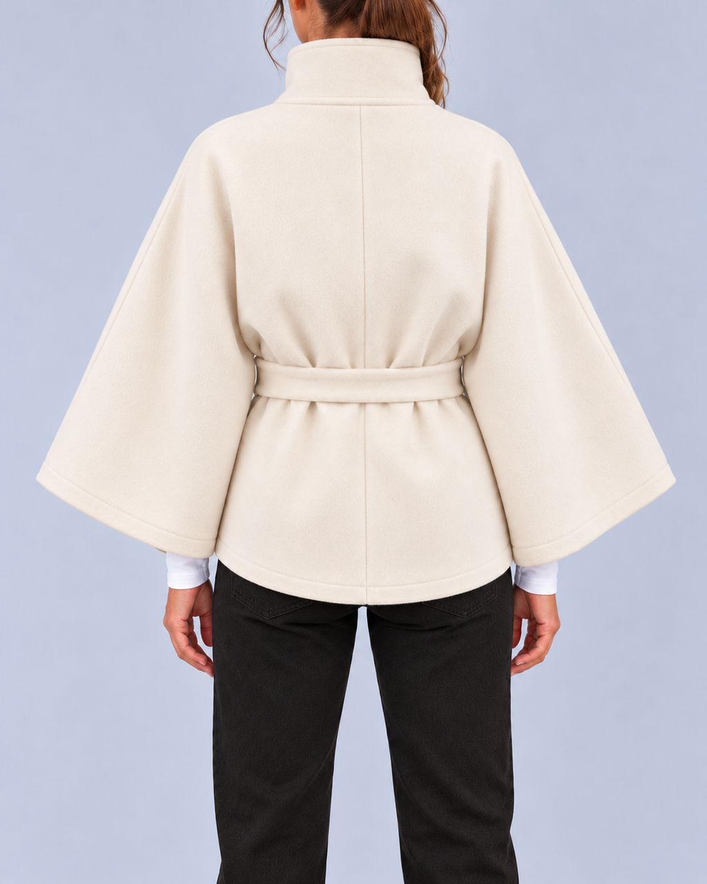 Women's Belted Cape Coat with Stand Collar and Button Fastening – Cream – 3
