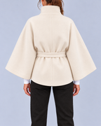 Women's Belted Cape Coat with Stand Collar and Button Fastening – Cream – 3