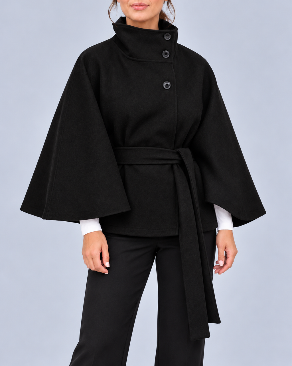 Women's Belted Cape Coat with Stand Collar and Button Fastening – Black – 1