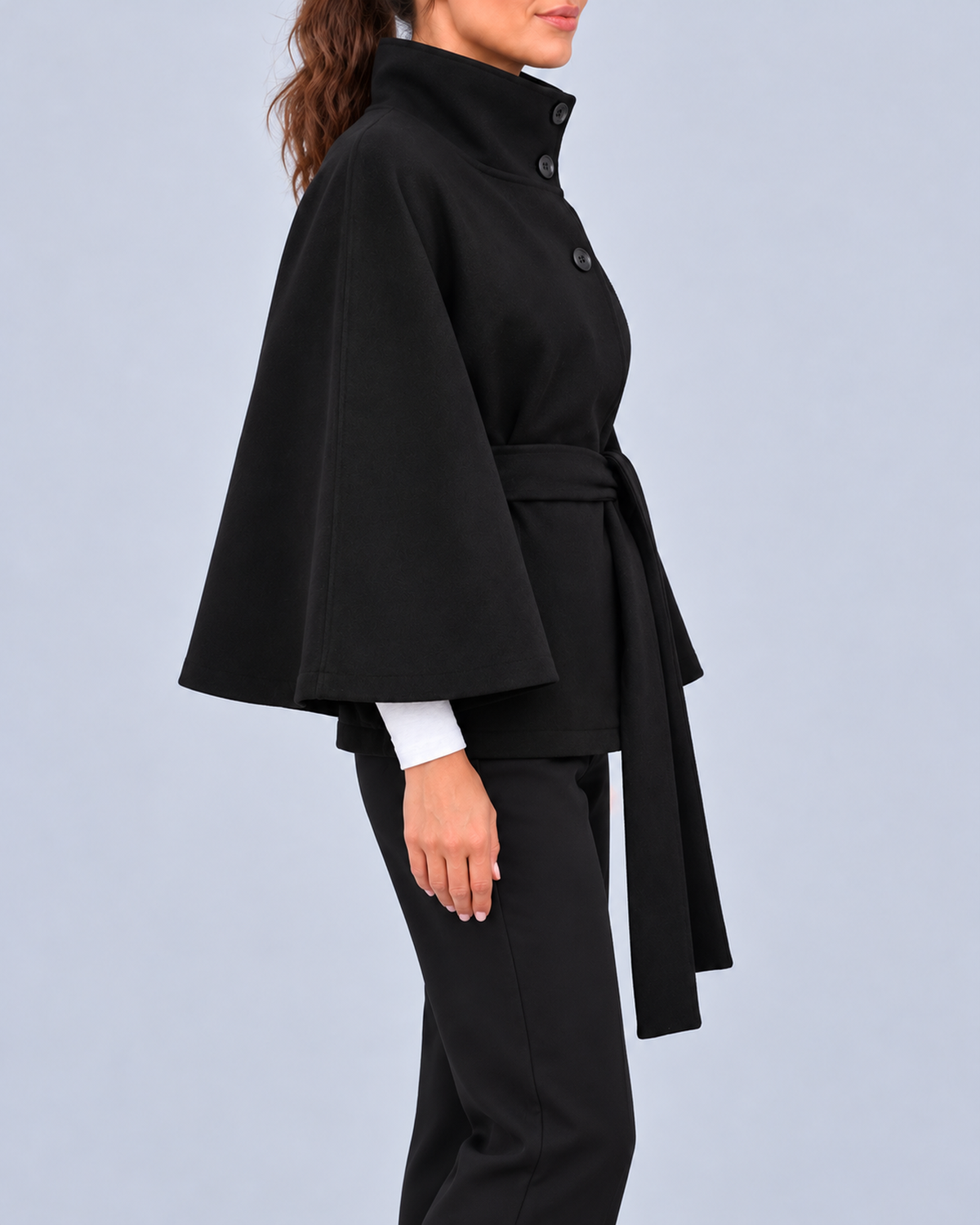 Women's Belted Cape Coat with Stand Collar and Button Fastening – Black – 2