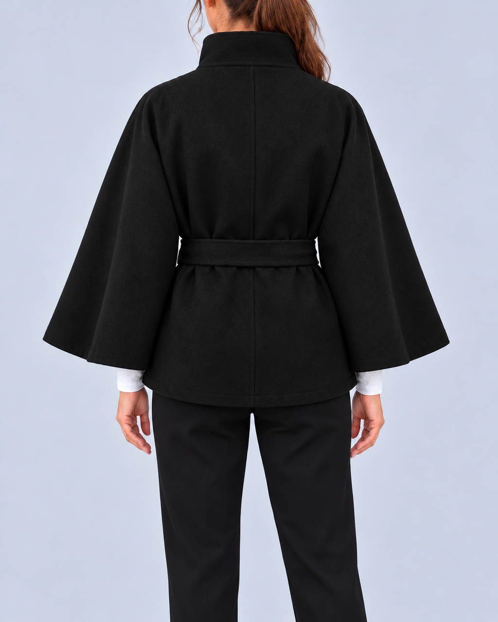 Women's Belted Cape Coat with Stand Collar and Button Fastening – Black – 3