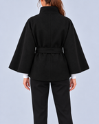 Women's Belted Cape Coat with Stand Collar and Button Fastening – Black – 3