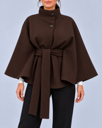 Women's Belted Cape Coat with Stand Collar and Button Fastening – Brown – 1