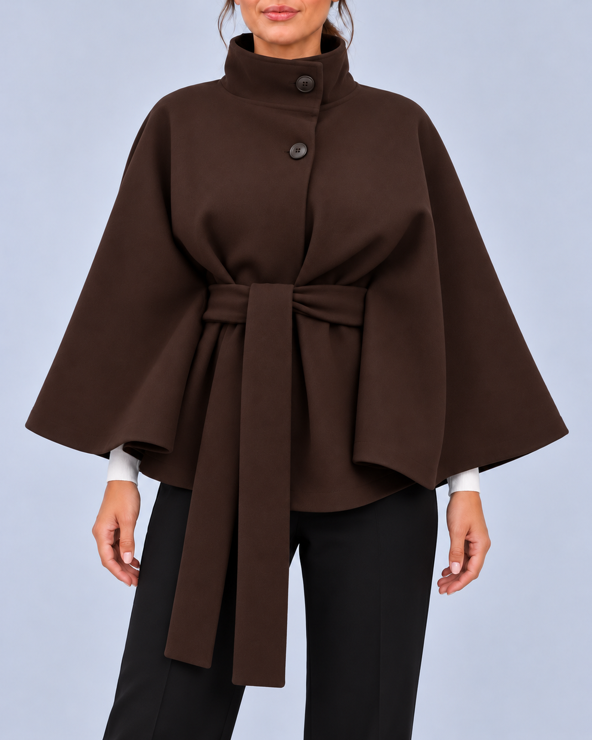 Women's Belted Cape Coat with Stand Collar and Button Fastening – Brown – 1