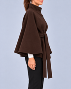 Women's Belted Cape Coat with Stand Collar and Button Fastening – Brown – 2