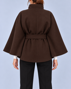 Women's Belted Cape Coat with Stand Collar and Button Fastening – Brown – 3