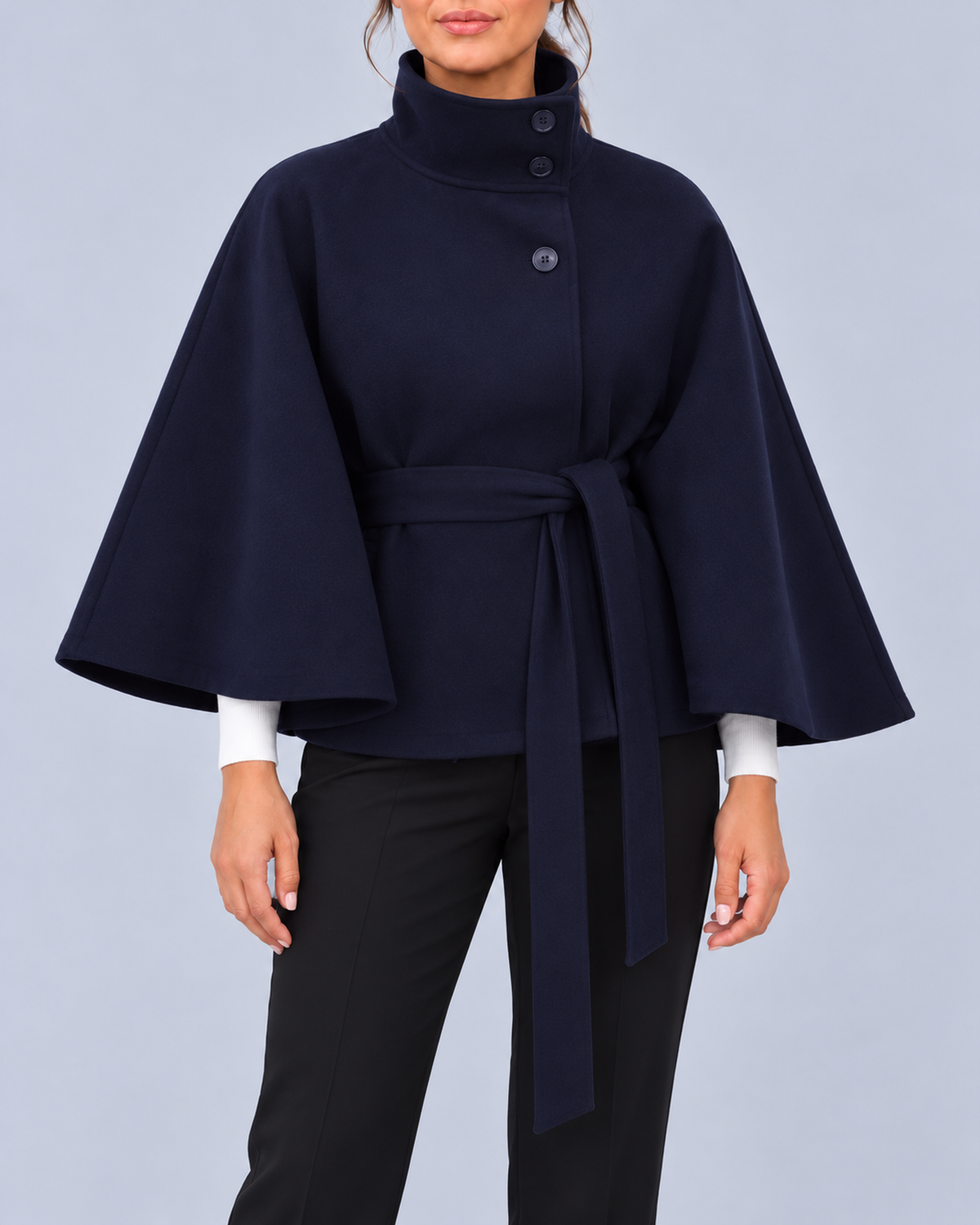 Women's Belted Cape Coat with Stand Collar and Button Fastening – Navy – 1