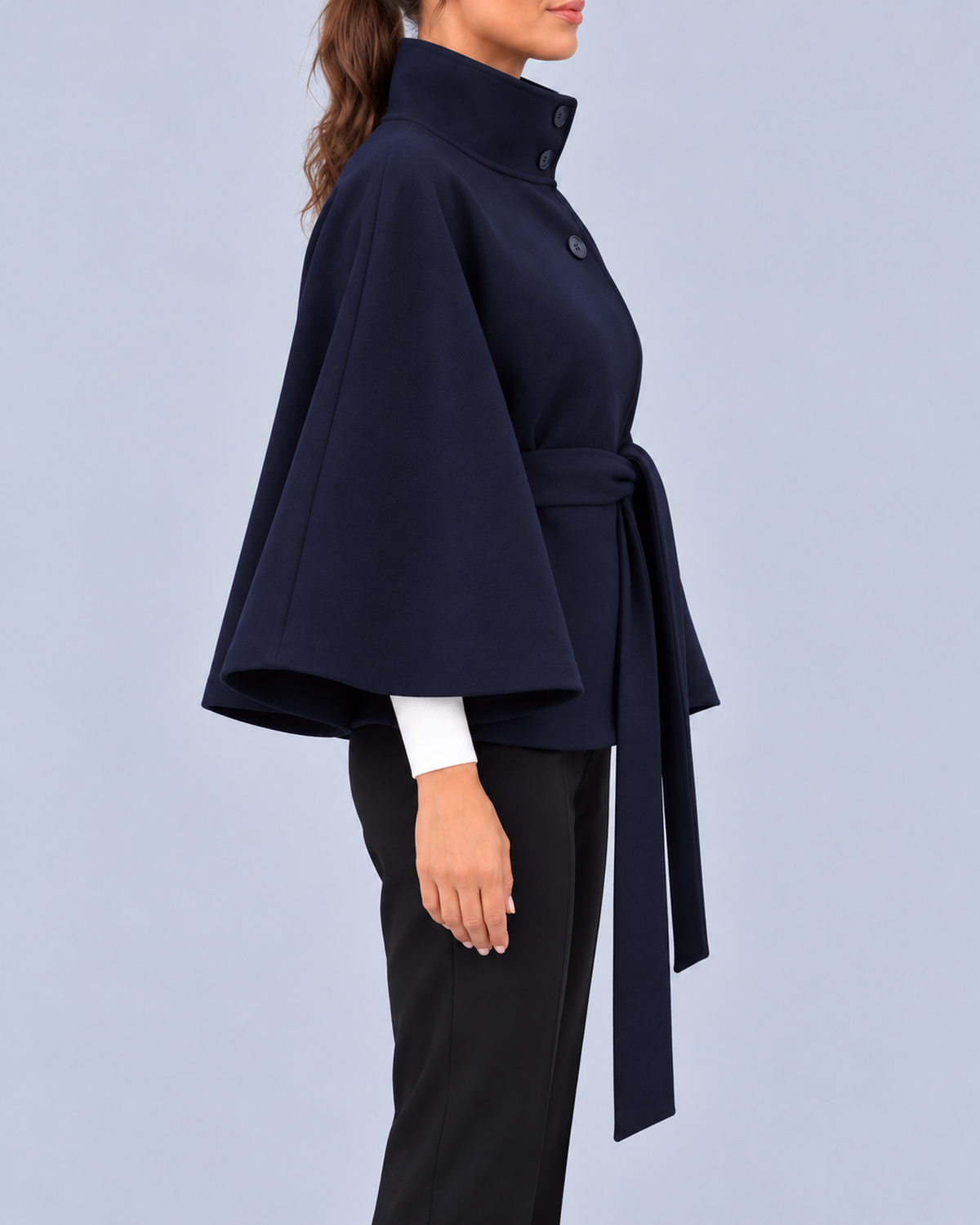 Women's Belted Cape Coat with Stand Collar and Button Fastening – Navy – 2