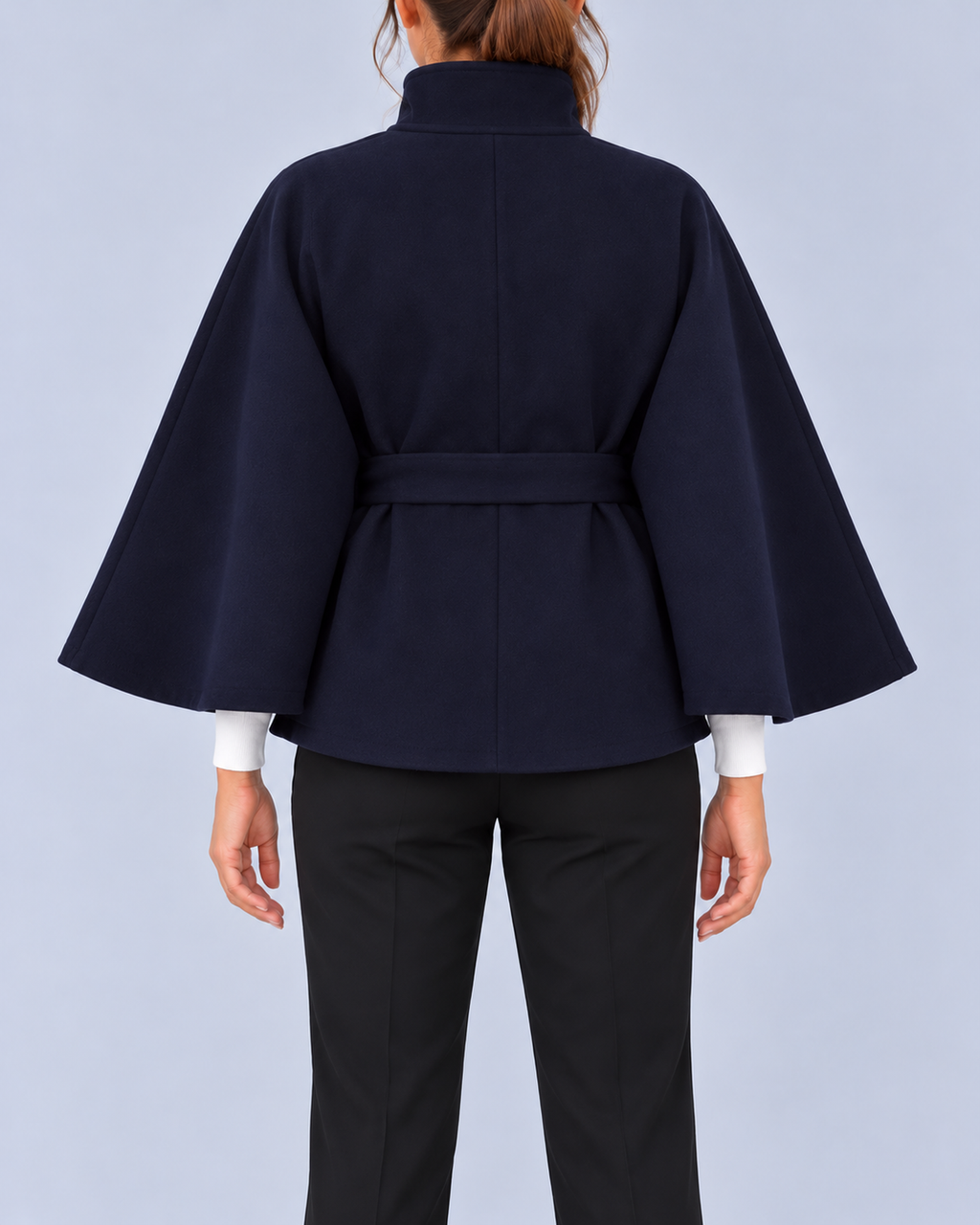 Women's Belted Cape Coat with Stand Collar and Button Fastening – Navy – 3