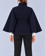 Women's Belted Cape Coat with Stand Collar and Button Fastening – Navy – 3
