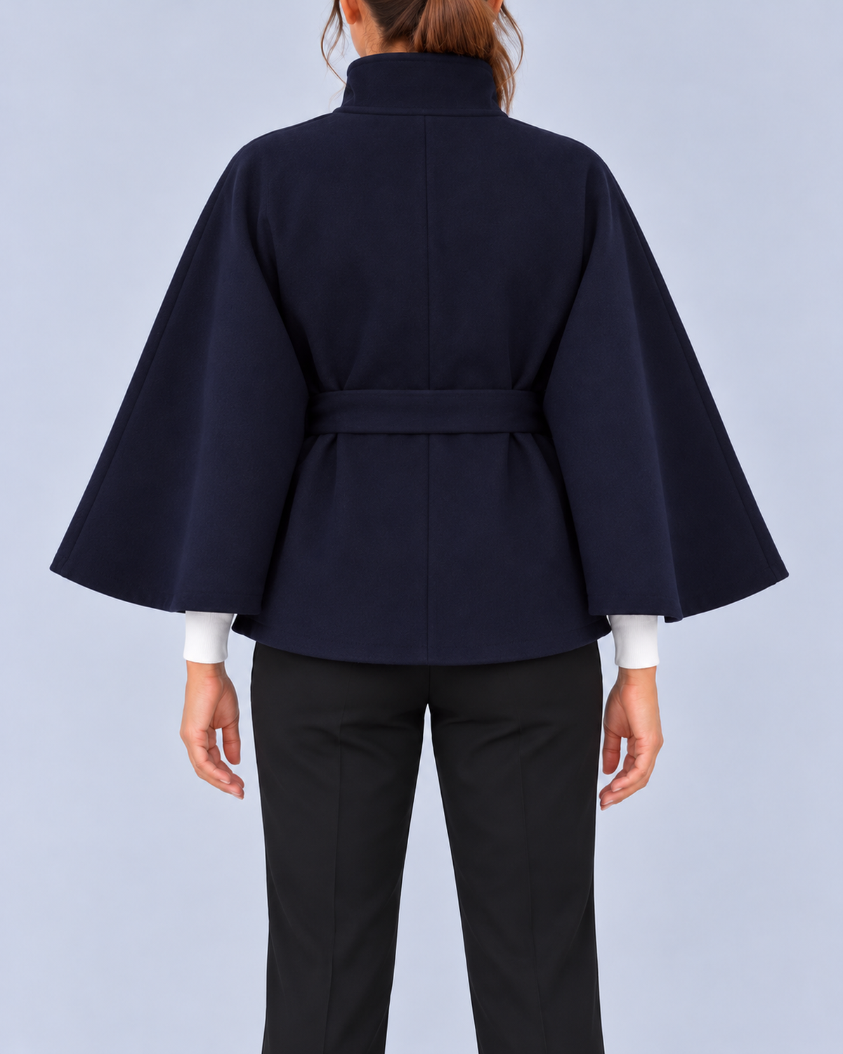 Women's Belted Cape Coat with Stand Collar and Button Fastening – Navy – 3