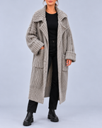 Women's Chunky Knit Longline Cardigan with Wide Lapel Collar – Grey – 1