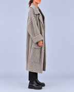 Women's Chunky Knit Longline Cardigan with Wide Lapel Collar – Grey – 2