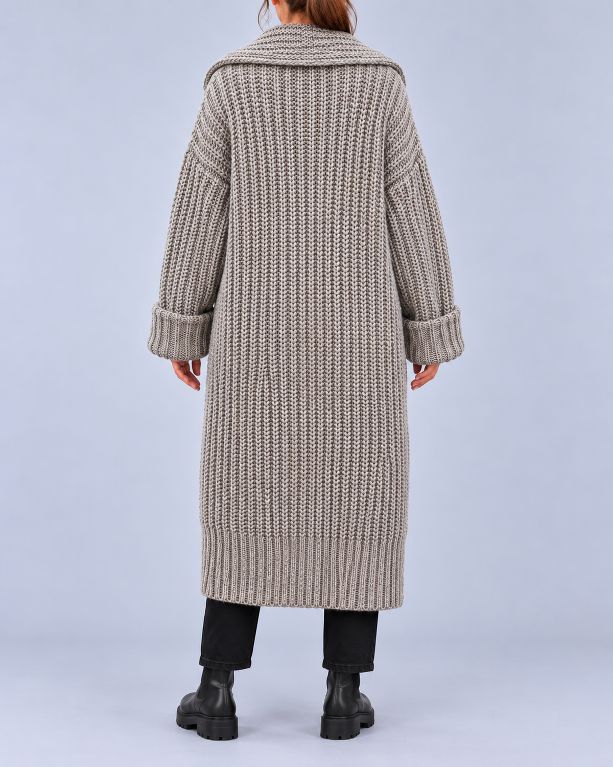 Women's Chunky Knit Longline Cardigan with Wide Lapel Collar – Grey – 3