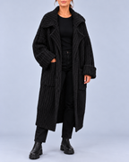 Women's Chunky Knit Longline Cardigan with Wide Lapel Collar – Black – 1