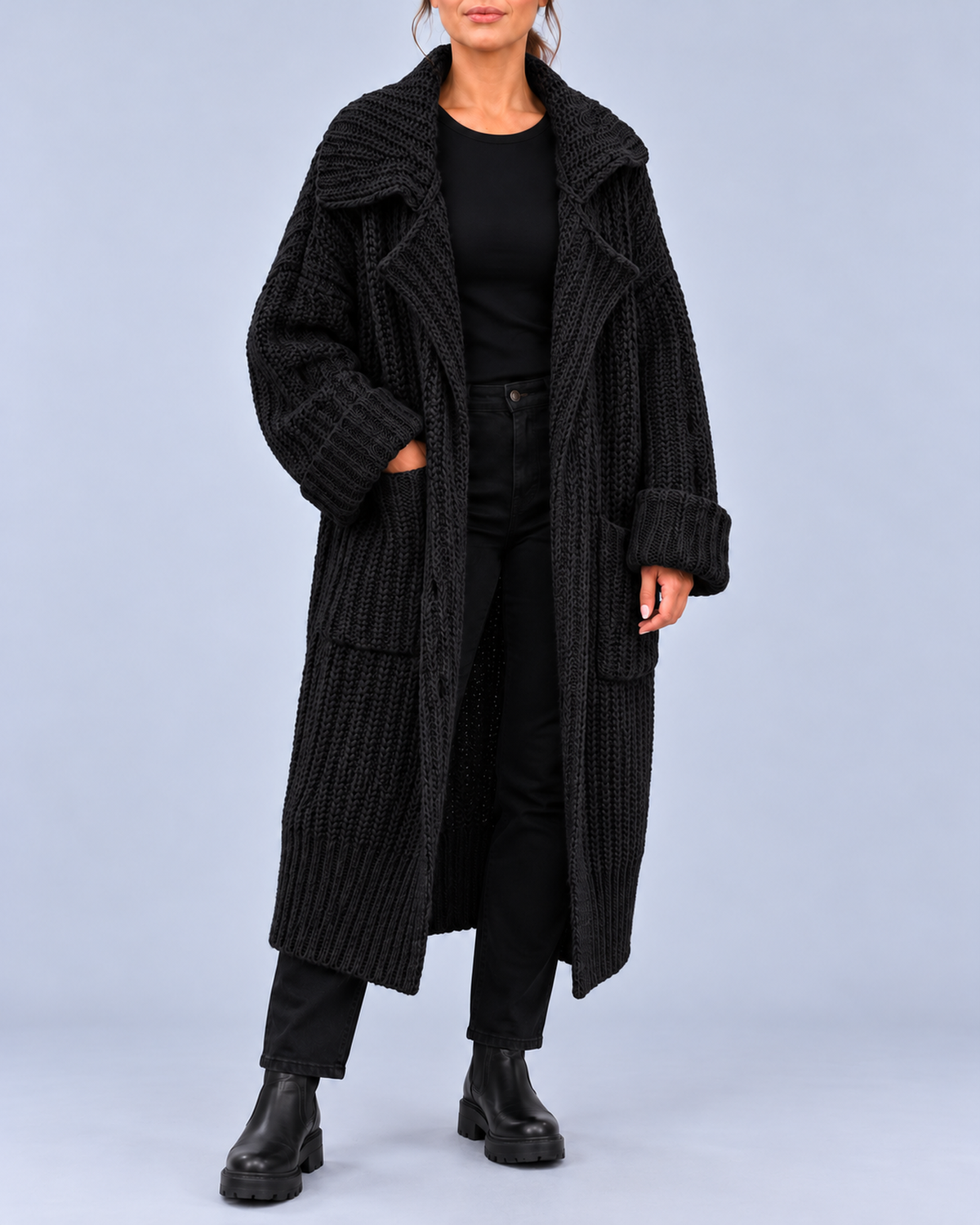 Women's Chunky Knit Longline Cardigan with Wide Lapel Collar – Black – 1