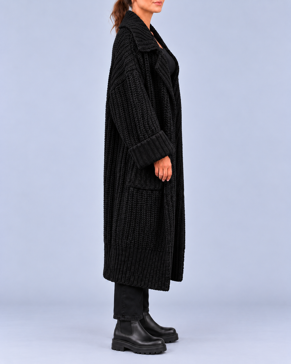 Women's Chunky Knit Longline Cardigan with Wide Lapel Collar – Black – 2