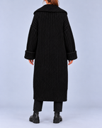 Women's Chunky Knit Longline Cardigan with Wide Lapel Collar – Black – 3