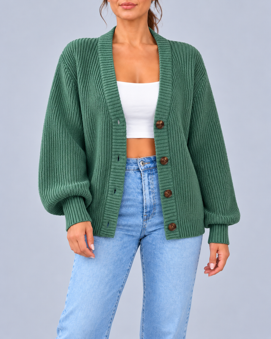 Women's Chunky Ribbed Knit V-Neck Cardigan with Dropped Shoulders