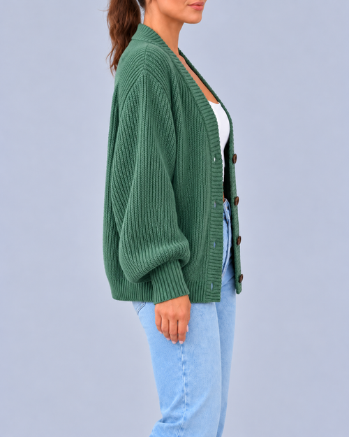 Women's Chunky Ribbed Knit V-Neck Cardigan with Dropped Shoulders – Green – 2