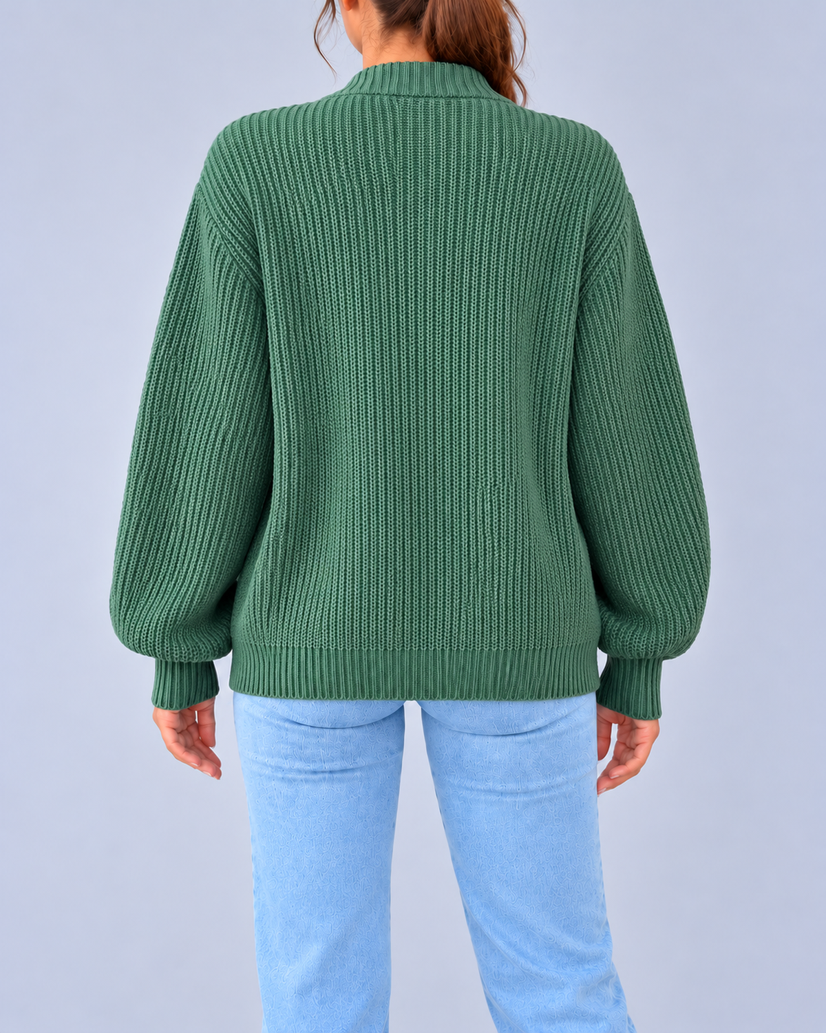 Women's Chunky Ribbed Knit V-Neck Cardigan with Dropped Shoulders – Green – 3