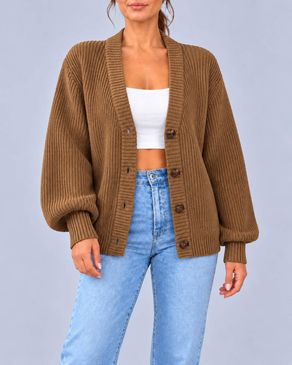 Women's Chunky Ribbed Knit V-Neck Cardigan with Dropped Shoulders – Camel – 1