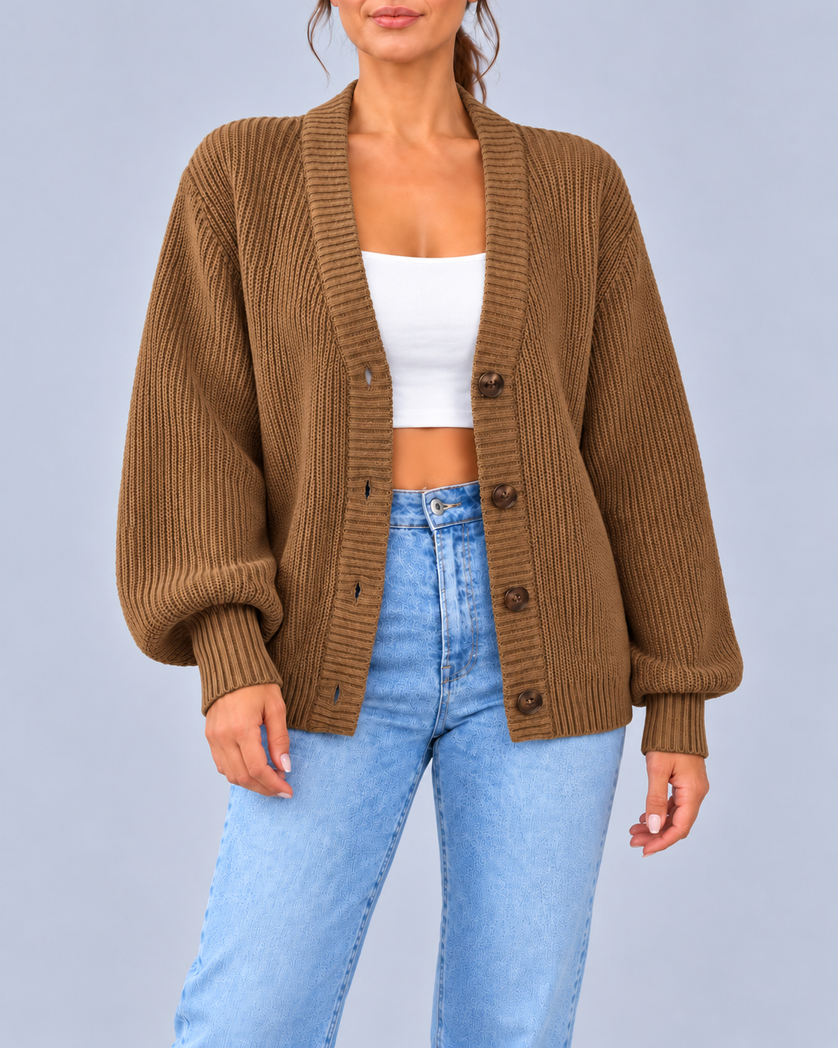 Women's Chunky Ribbed Knit V-Neck Cardigan with Dropped Shoulders – Camel – 1