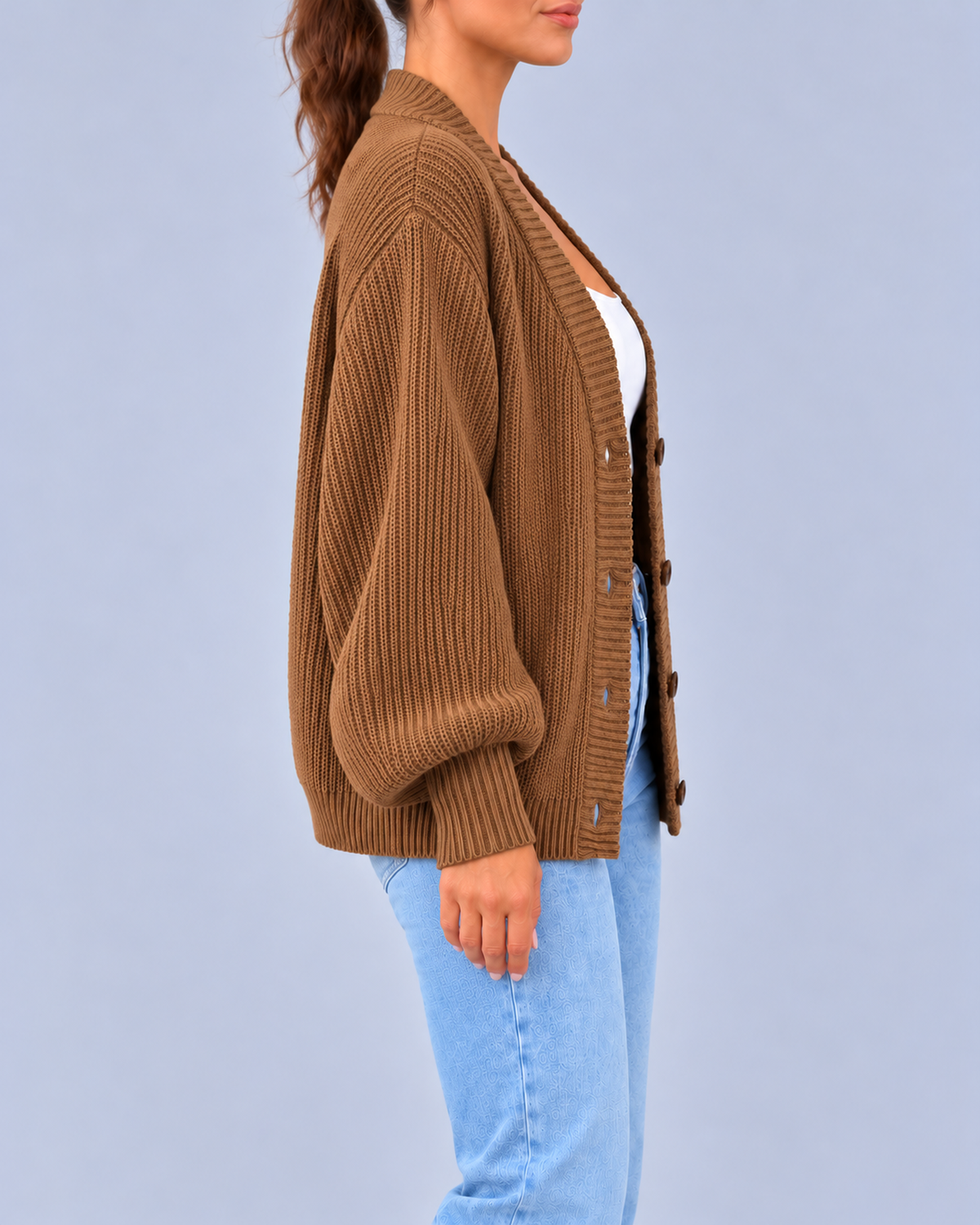 Women's Chunky Ribbed Knit V-Neck Cardigan with Dropped Shoulders – Camel – 2