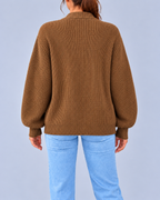 Women's Chunky Ribbed Knit V-Neck Cardigan with Dropped Shoulders – Camel – 3