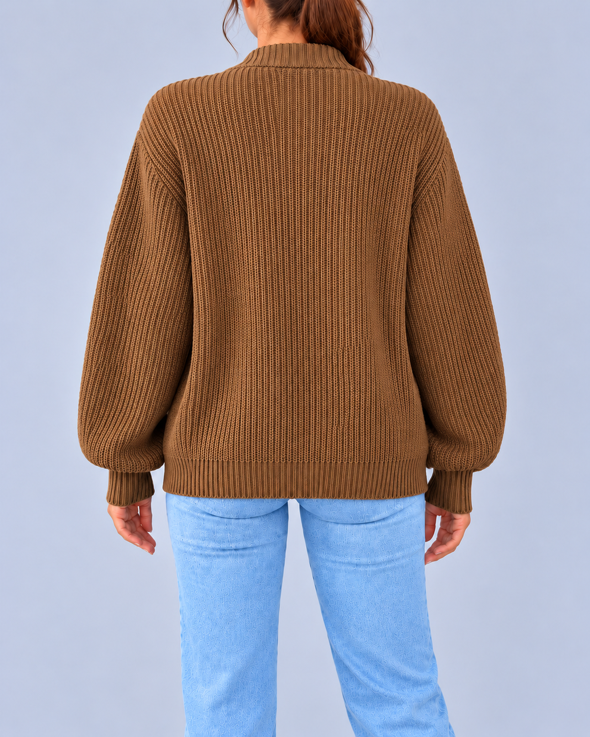 Women's Chunky Ribbed Knit V-Neck Cardigan with Dropped Shoulders – Camel – 3