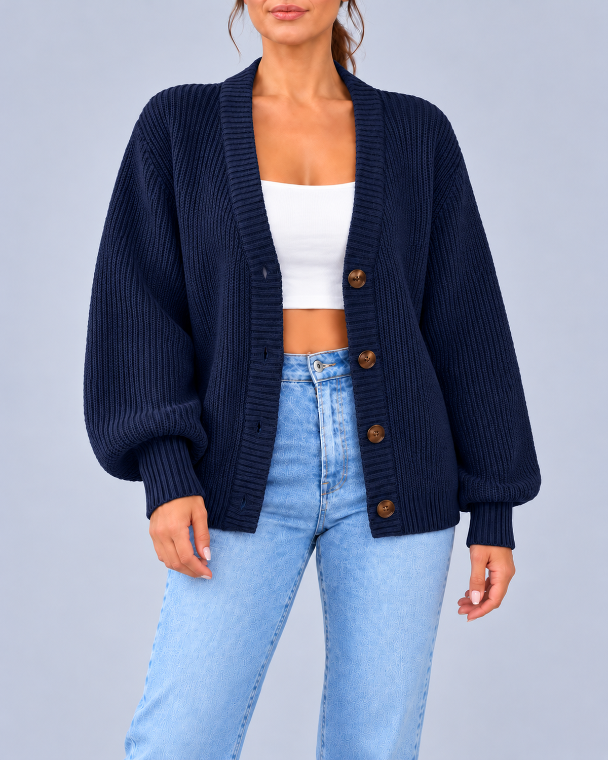Women's Chunky Ribbed Knit V-Neck Cardigan with Dropped Shoulders – Navy – 1