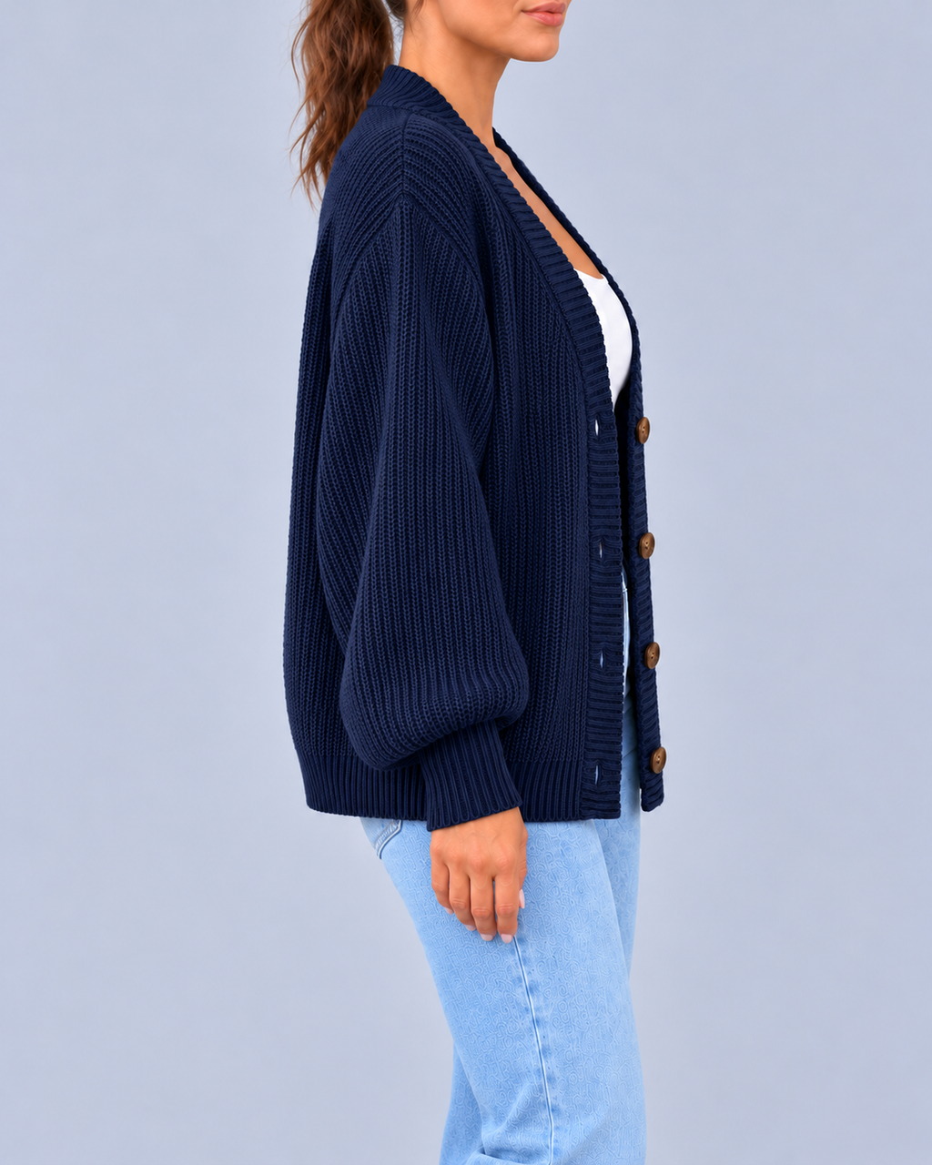 Women's Chunky Ribbed Knit V-Neck Cardigan with Dropped Shoulders – Navy – 2