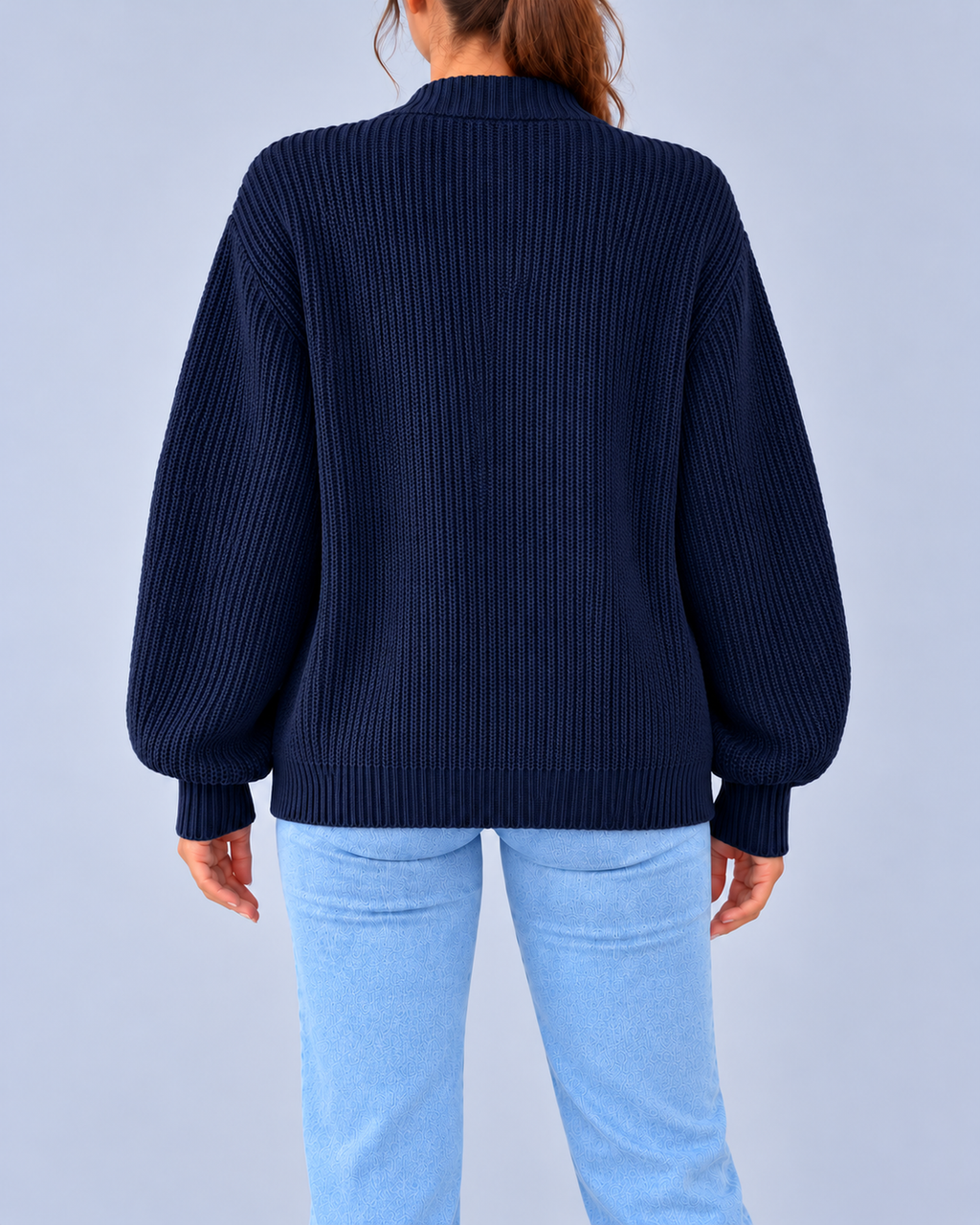 Women's Chunky Ribbed Knit V-Neck Cardigan with Dropped Shoulders – Navy – 3