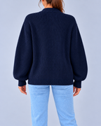 Women's Chunky Ribbed Knit V-Neck Cardigan with Dropped Shoulders – Navy – 3