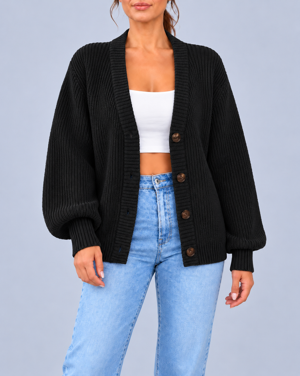 Women's Chunky Ribbed Knit V-Neck Cardigan with Dropped Shoulders – Black – 1