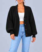 Women's Chunky Ribbed Knit V-Neck Cardigan with Dropped Shoulders – Black – 1