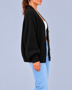 Women's Chunky Ribbed Knit V-Neck Cardigan with Dropped Shoulders – Black – 2