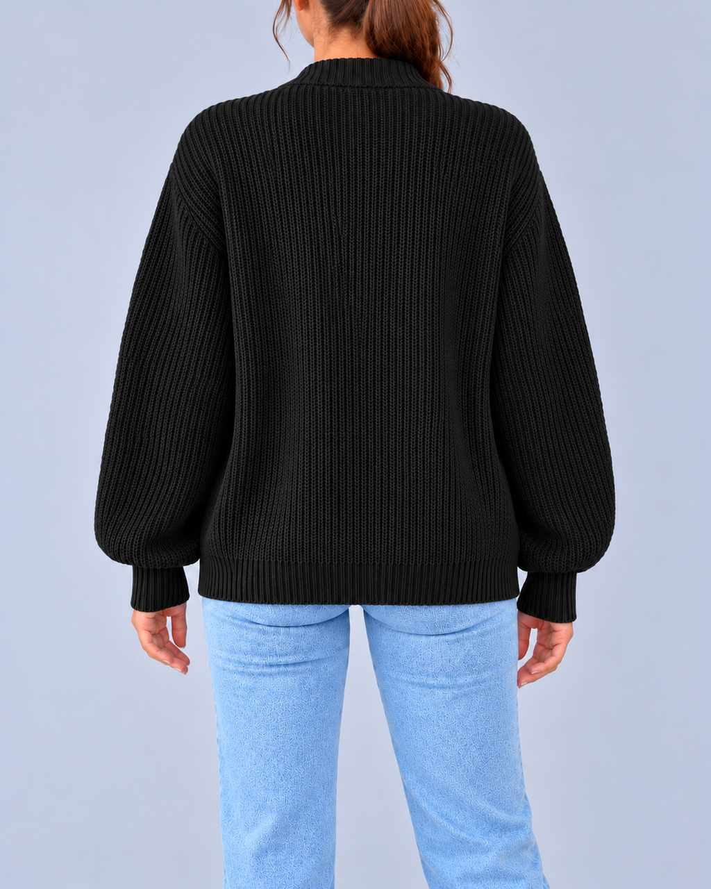 Women's Chunky Ribbed Knit V-Neck Cardigan with Dropped Shoulders – Black – 3