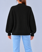 Women's Chunky Ribbed Knit V-Neck Cardigan with Dropped Shoulders – Black – 3