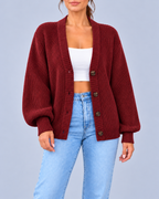 Women's Chunky Ribbed Knit V-Neck Cardigan with Dropped Shoulders – Dark Red – 1