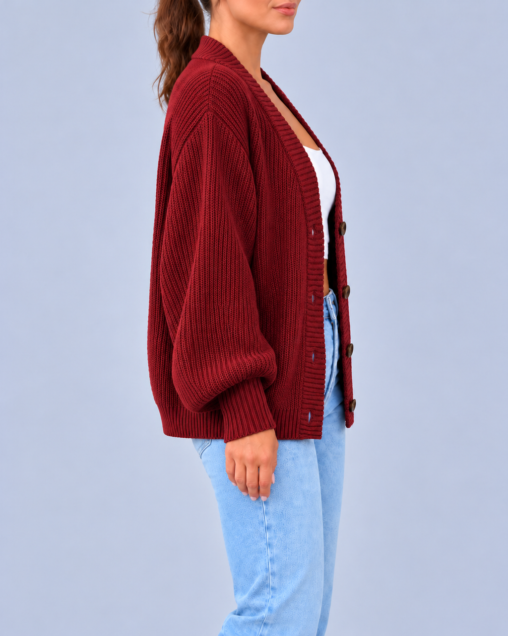 Women's Chunky Ribbed Knit V-Neck Cardigan with Dropped Shoulders – Dark Red – 2