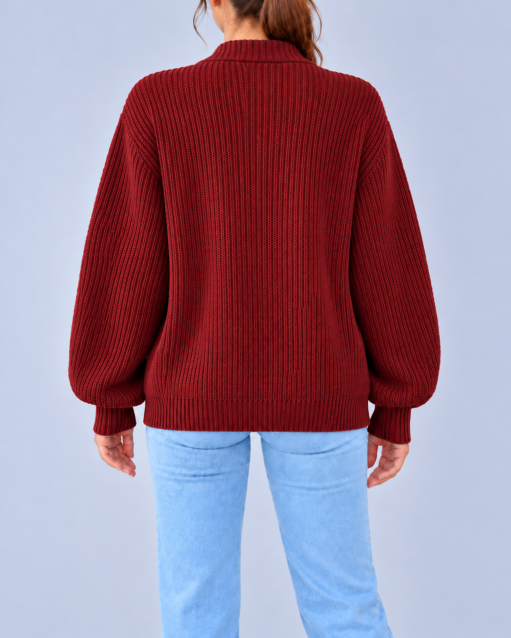 Women's Chunky Ribbed Knit V-Neck Cardigan with Dropped Shoulders – Dark Red – 3