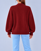 Women's Chunky Ribbed Knit V-Neck Cardigan with Dropped Shoulders – Dark Red – 3