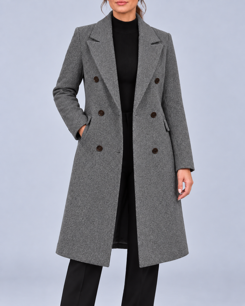 Women's Double Breasted Longline Coat with Notched Lapels – Grey – 1