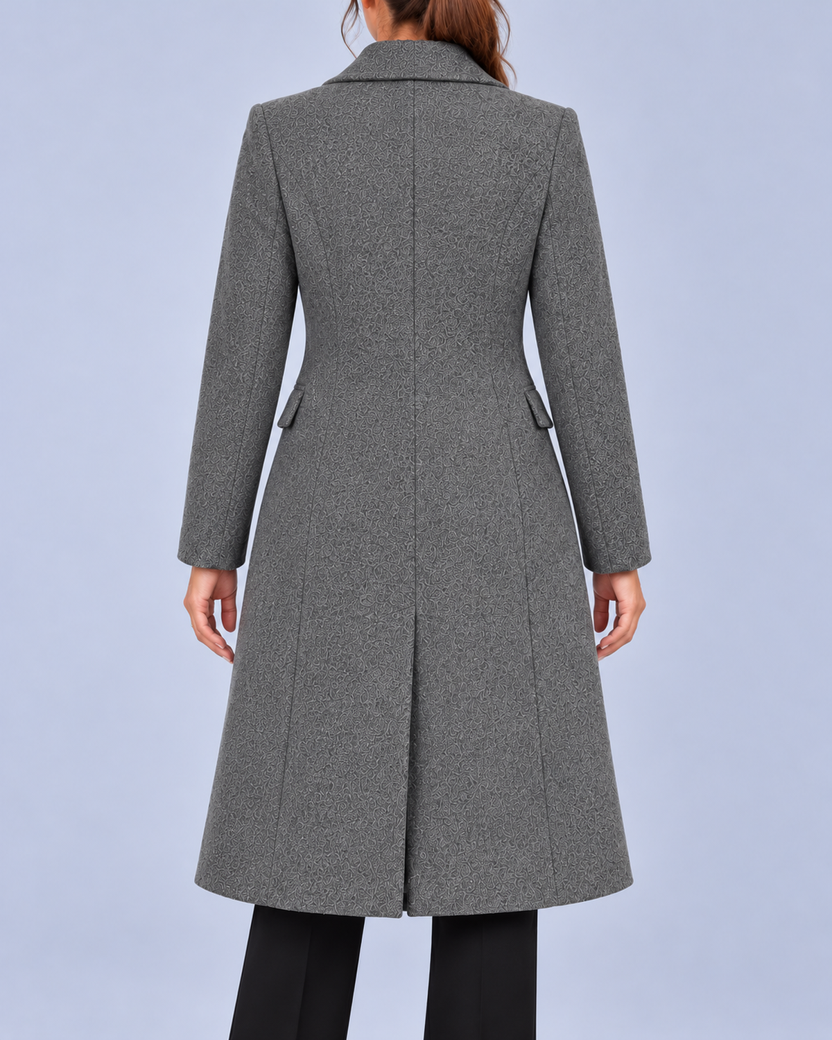Women's Double Breasted Longline Coat with Notched Lapels – Grey – 3