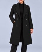 Women's Double Breasted Longline Coat with Notched Lapels – Black – 1