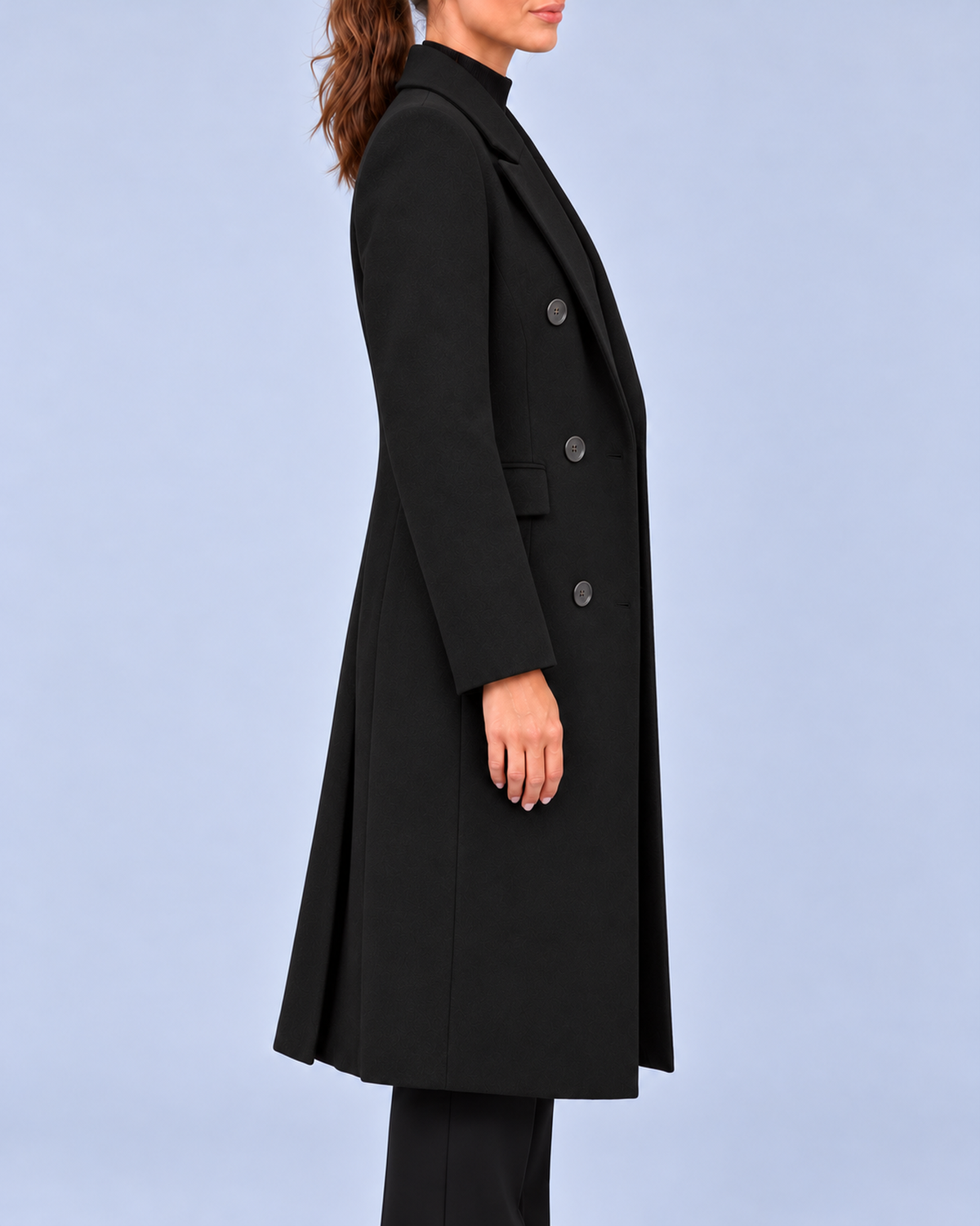 Women's Double Breasted Longline Coat with Notched Lapels – Black – 2