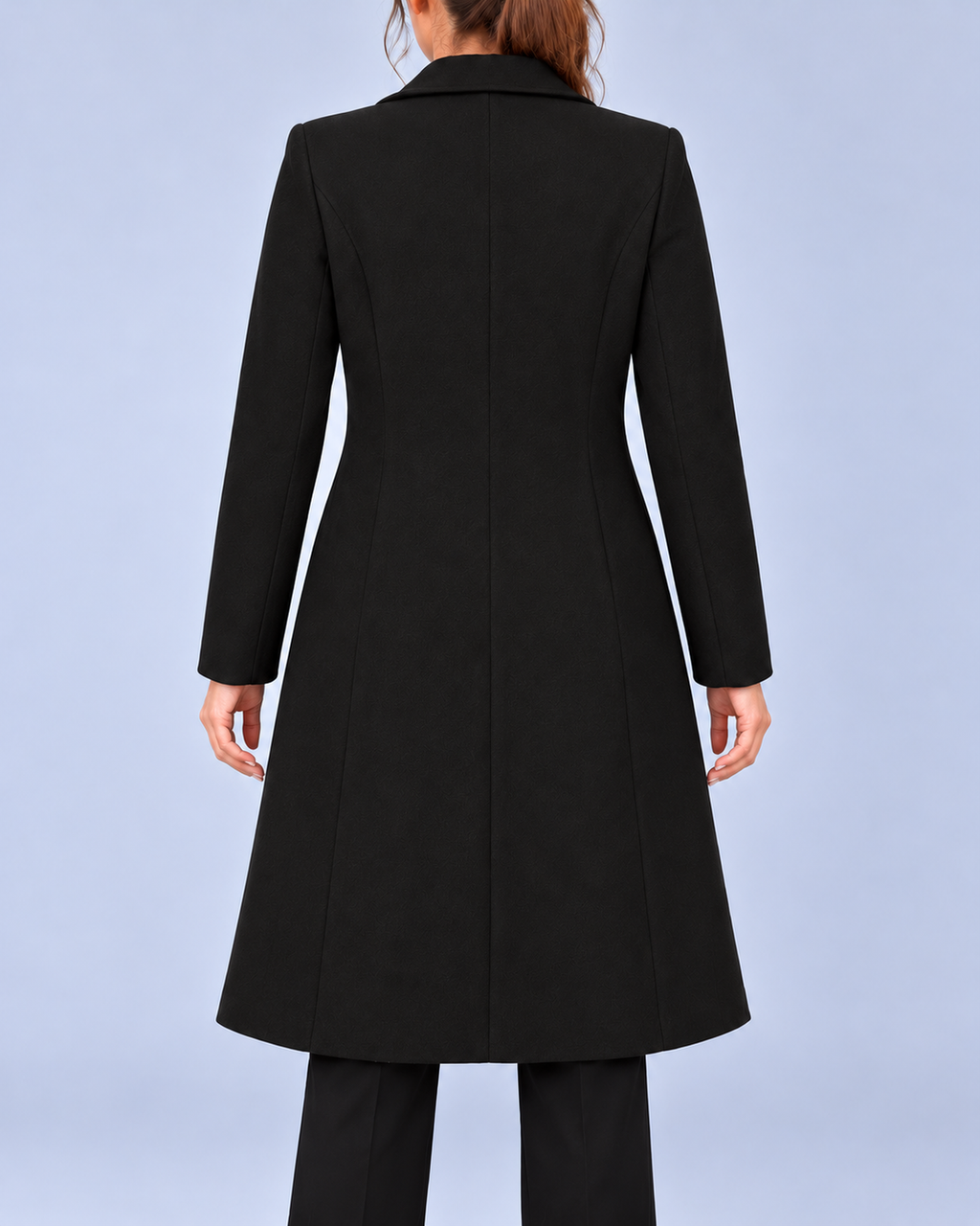 Women's Double Breasted Longline Coat with Notched Lapels – Black – 3