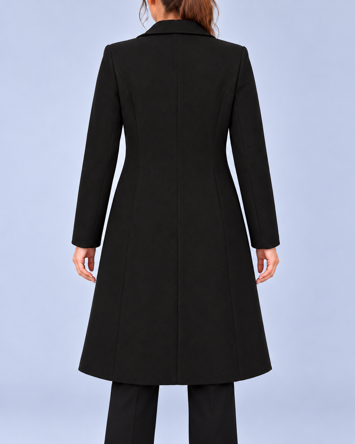 Women's Double Breasted Longline Coat with Notched Lapels – Black – 3